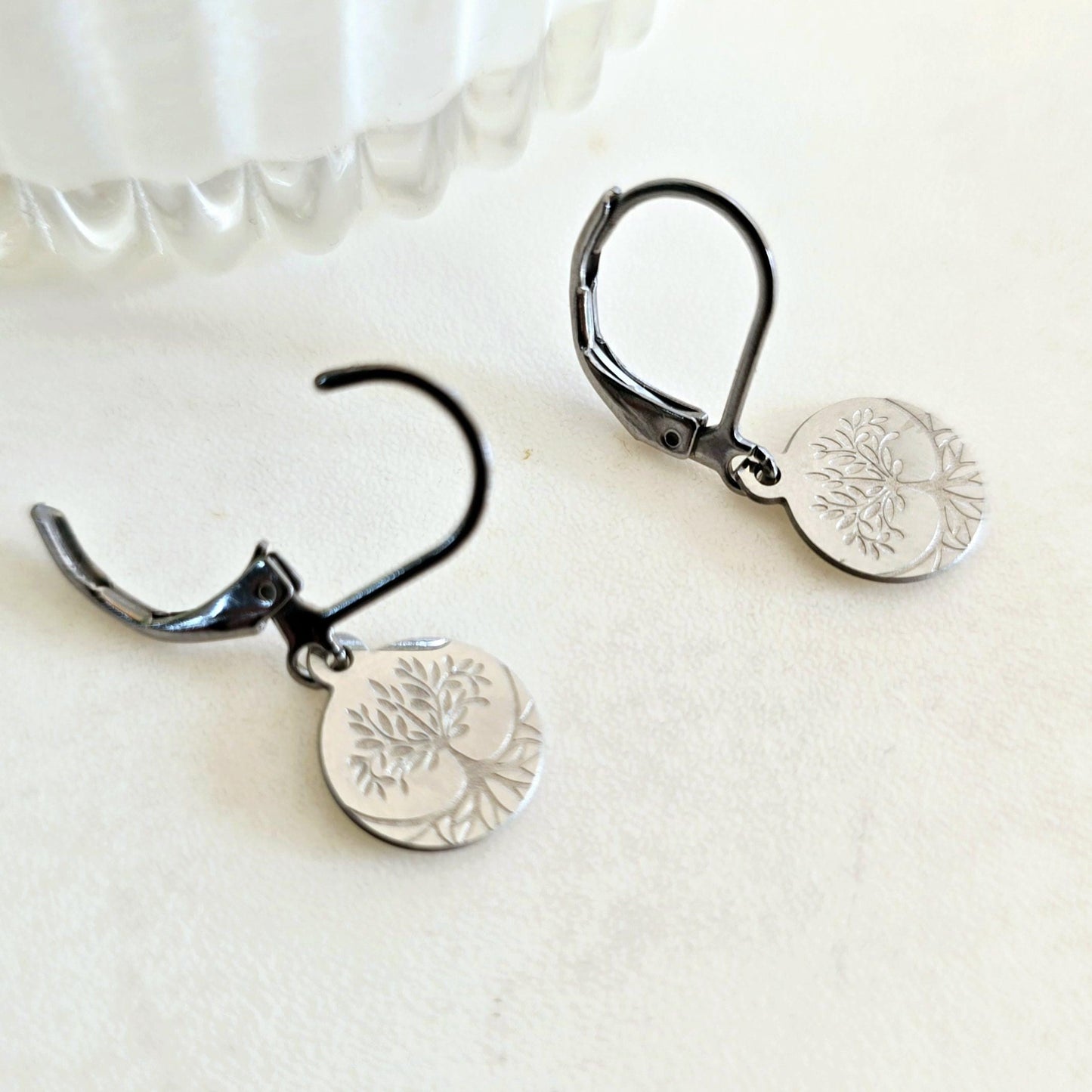 Tree of Life Tiny Hoop Earrings Silver Stainless Steel, Lightweight, Hypoallergenic, Boho Jewelry Gift for her