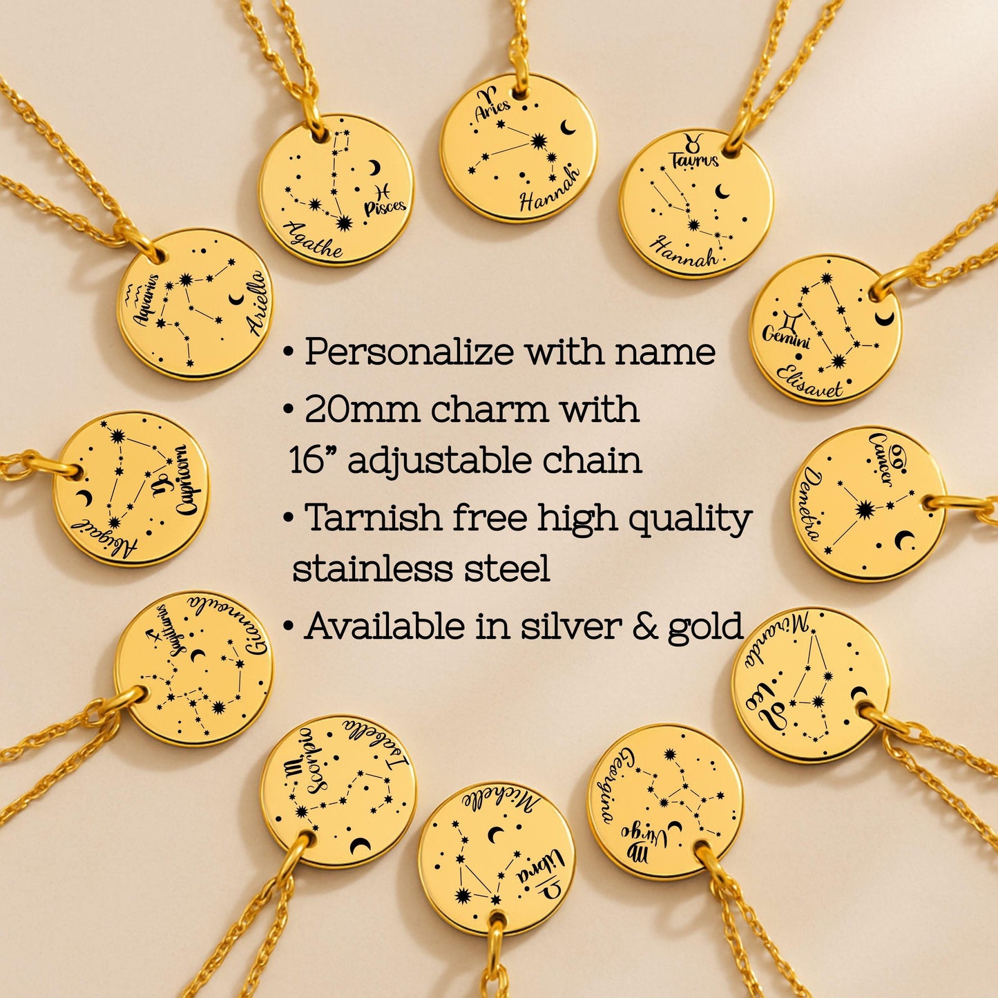 Personalized zodiac Necklace β’ Zodiac Coin Necklace with Name β’ Custom Star Sign Jewelry Gift β’ Astrology Birthday Necklace for Her