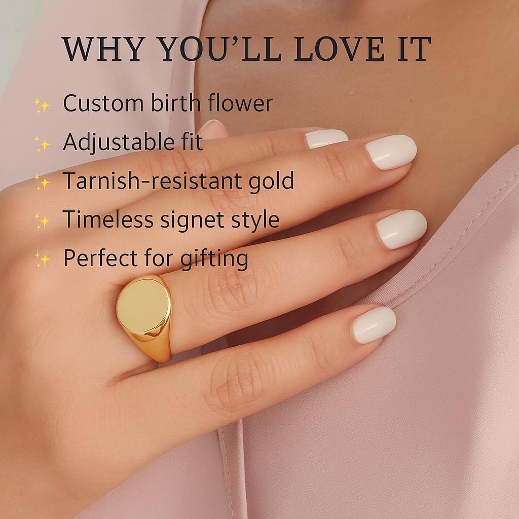 Birthflower Ring – Adjustable Gold Signet Ring in Stainless Steel – Personalized Floral Jewelry Gift for Her, Custom Engraved Ring