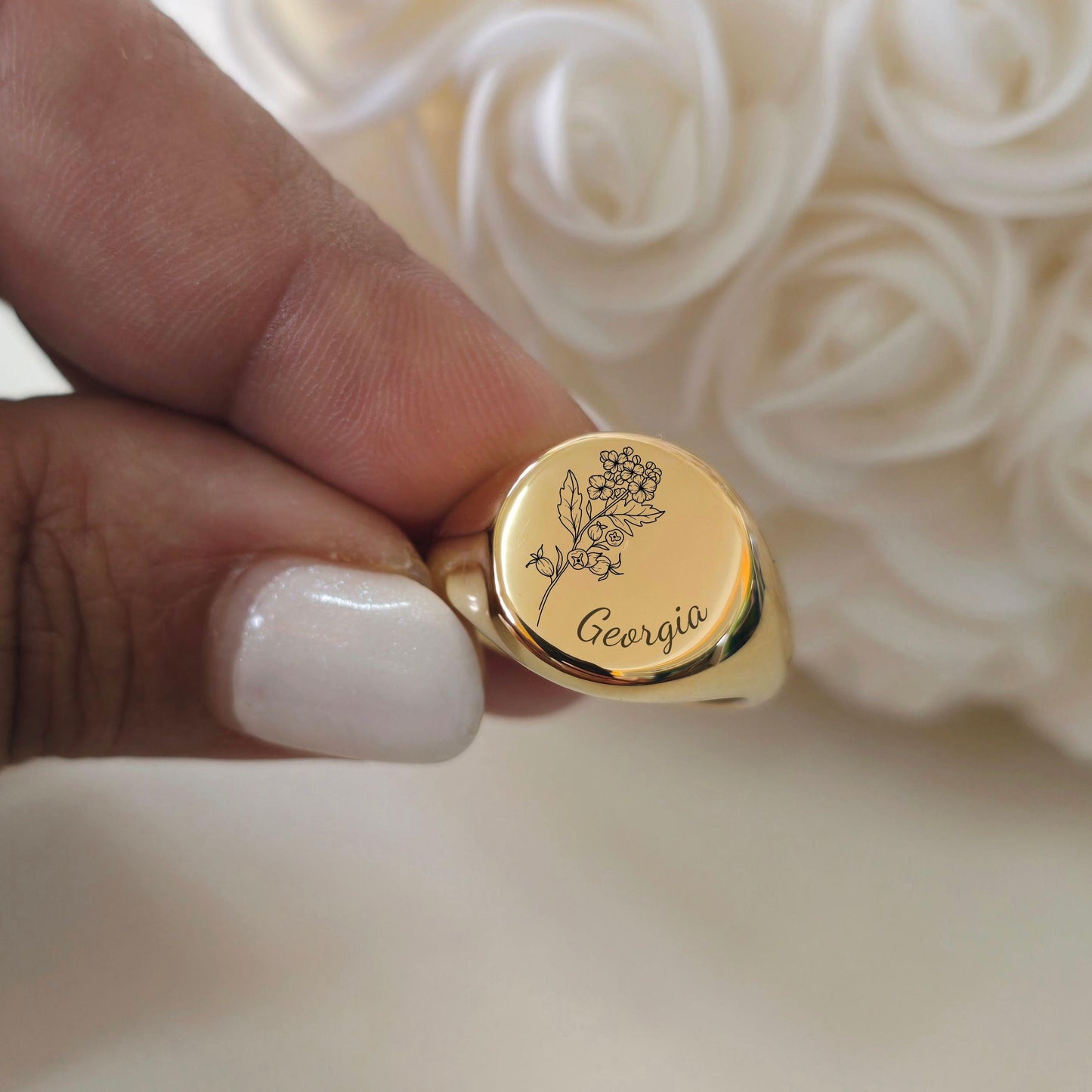 Birthflower Ring – Adjustable Gold Signet Ring in Stainless Steel – Personalized Floral Jewelry Gift for Her, Custom Engraved Ring