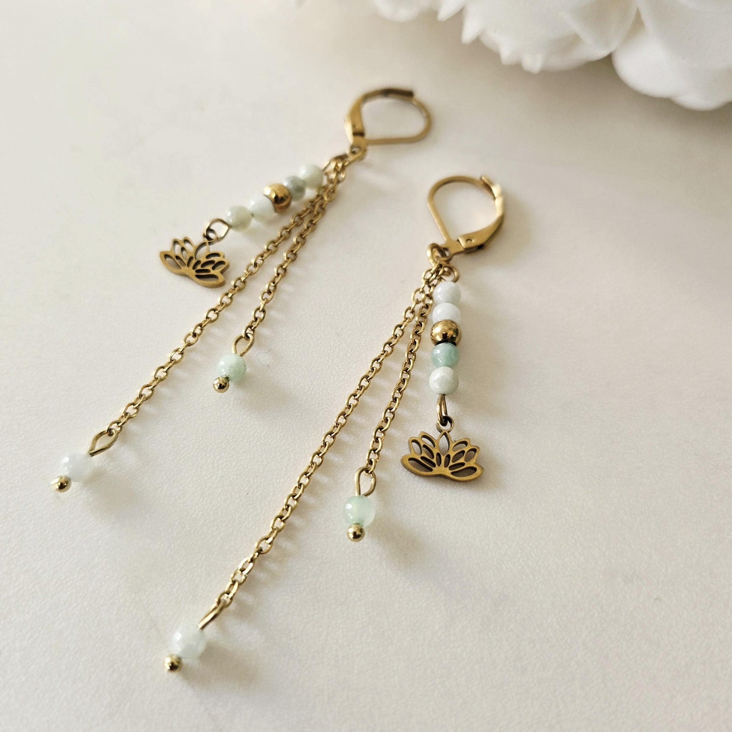 Jade Earrings – Dainty Green Gemstone Drop Earrings , Boho Chain lotus Charm chain Earrings , Minimalist Gift for Her or Mom