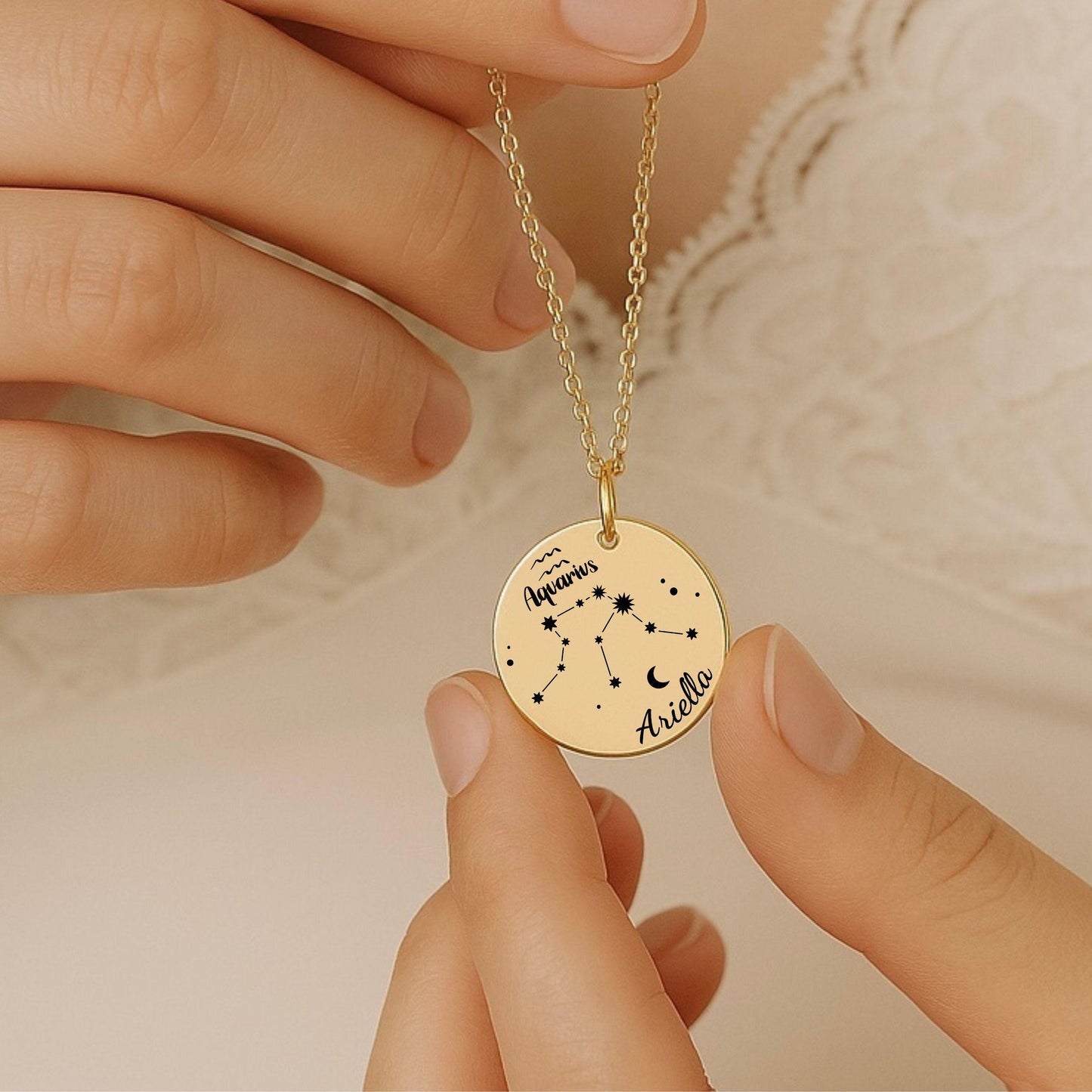 Personalized zodiac Necklace β’ Zodiac Coin Necklace with Name β’ Custom Star Sign Jewelry Gift β’ Astrology Birthday Necklace for Her