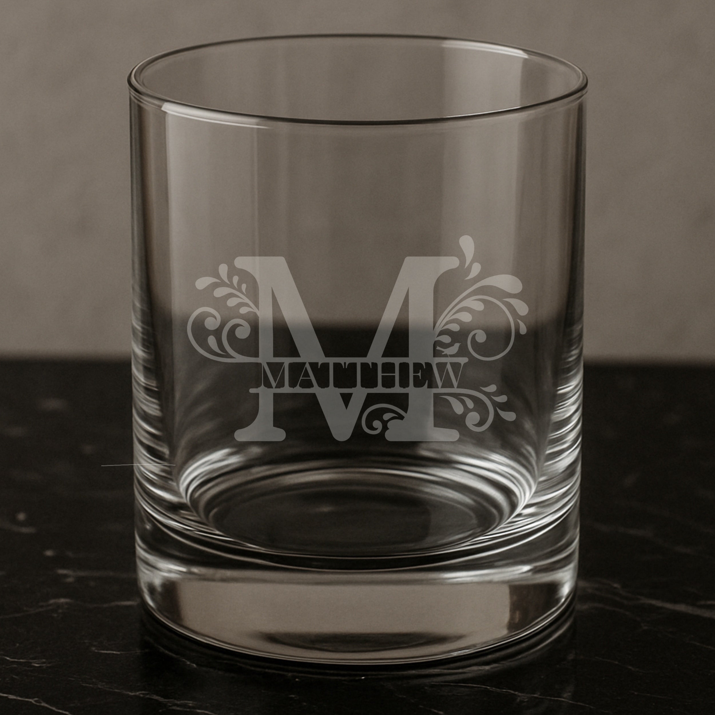 Monogram laser engraved whiskey glass