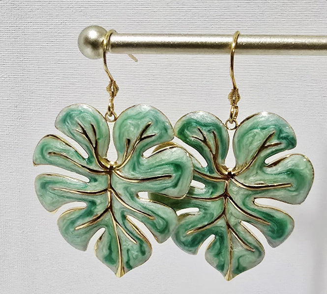 Monstera Leaf Dangle Earrings – Gold Filled & Hand-Painted Enamel