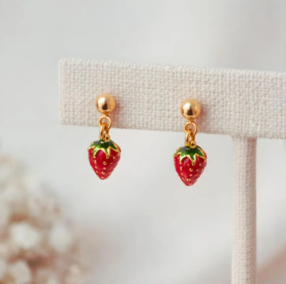 Strawberry Earrings Stud Dangle Fruit Tiny Everyday Gold Filled