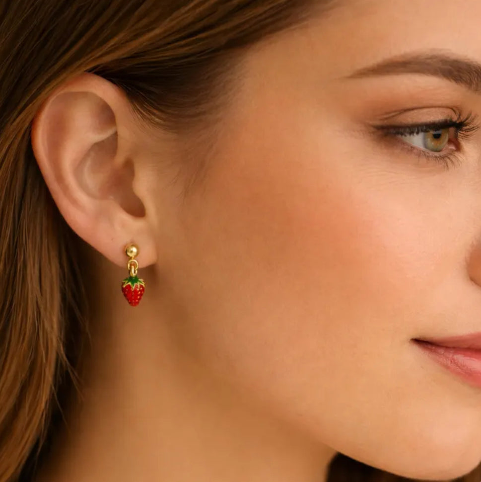 Strawberry Earrings Stud Dangle Fruit Tiny Everyday Gold Filled