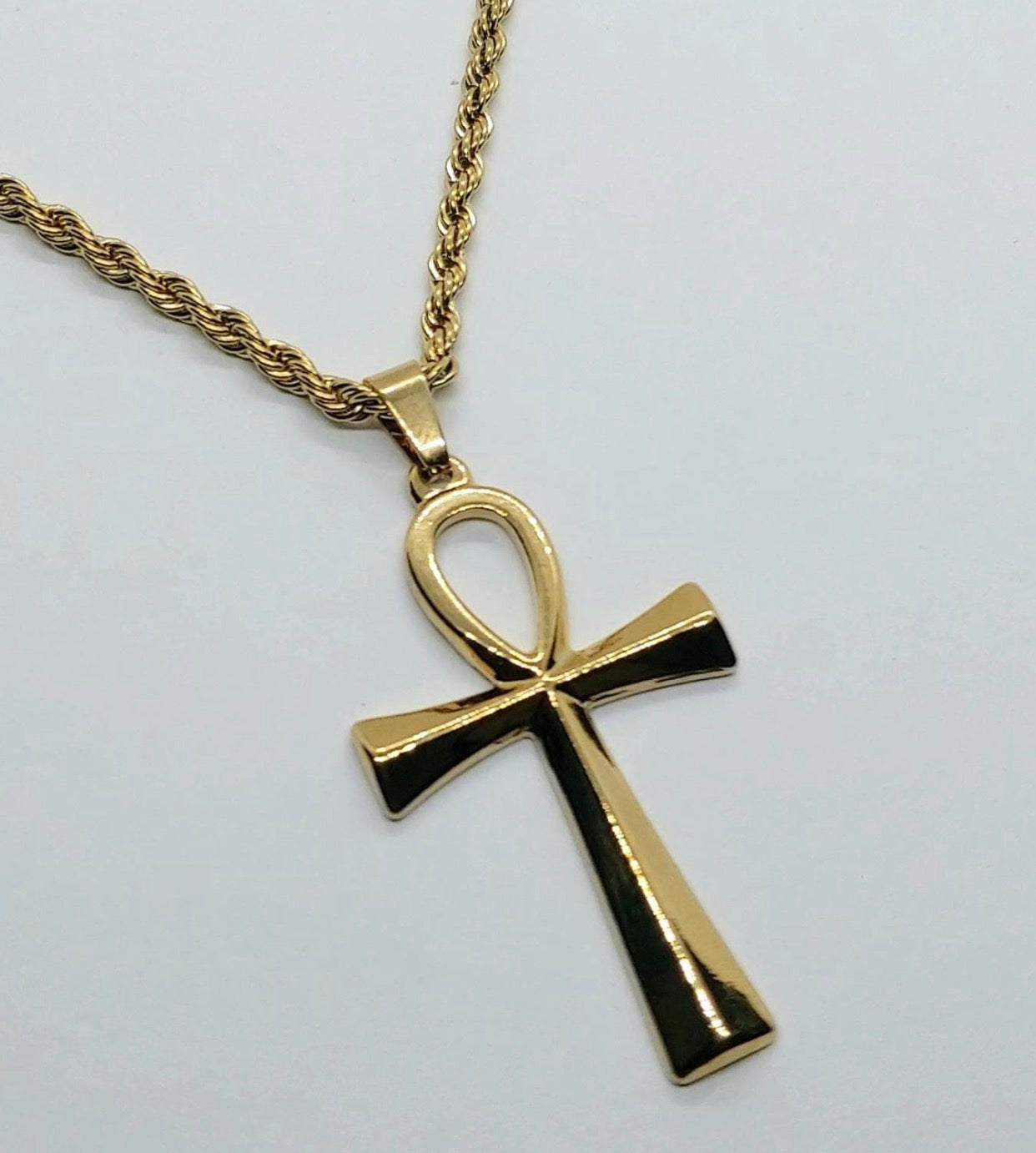 Egyptian ankh  necklace stainless steel with rope chain, Egyptian ankh jewelry , 24k gold filled necklace,  Egyptian cross of life 2.5"
