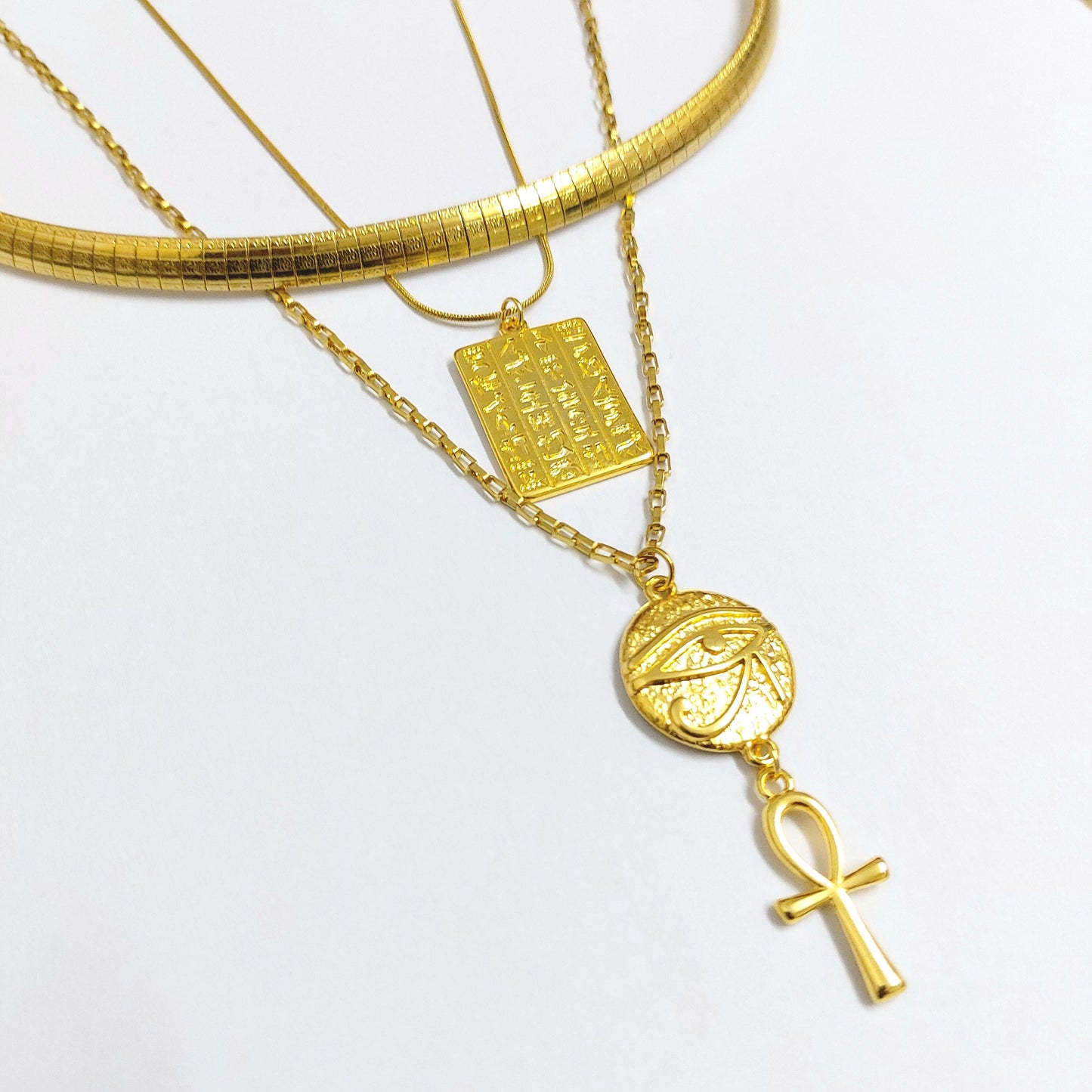Ankh pendant with eye of Horus and hieroglyphics charm , gold ankh jewelry , ankh necklace , layered necklace set , gold chain necklace ankh