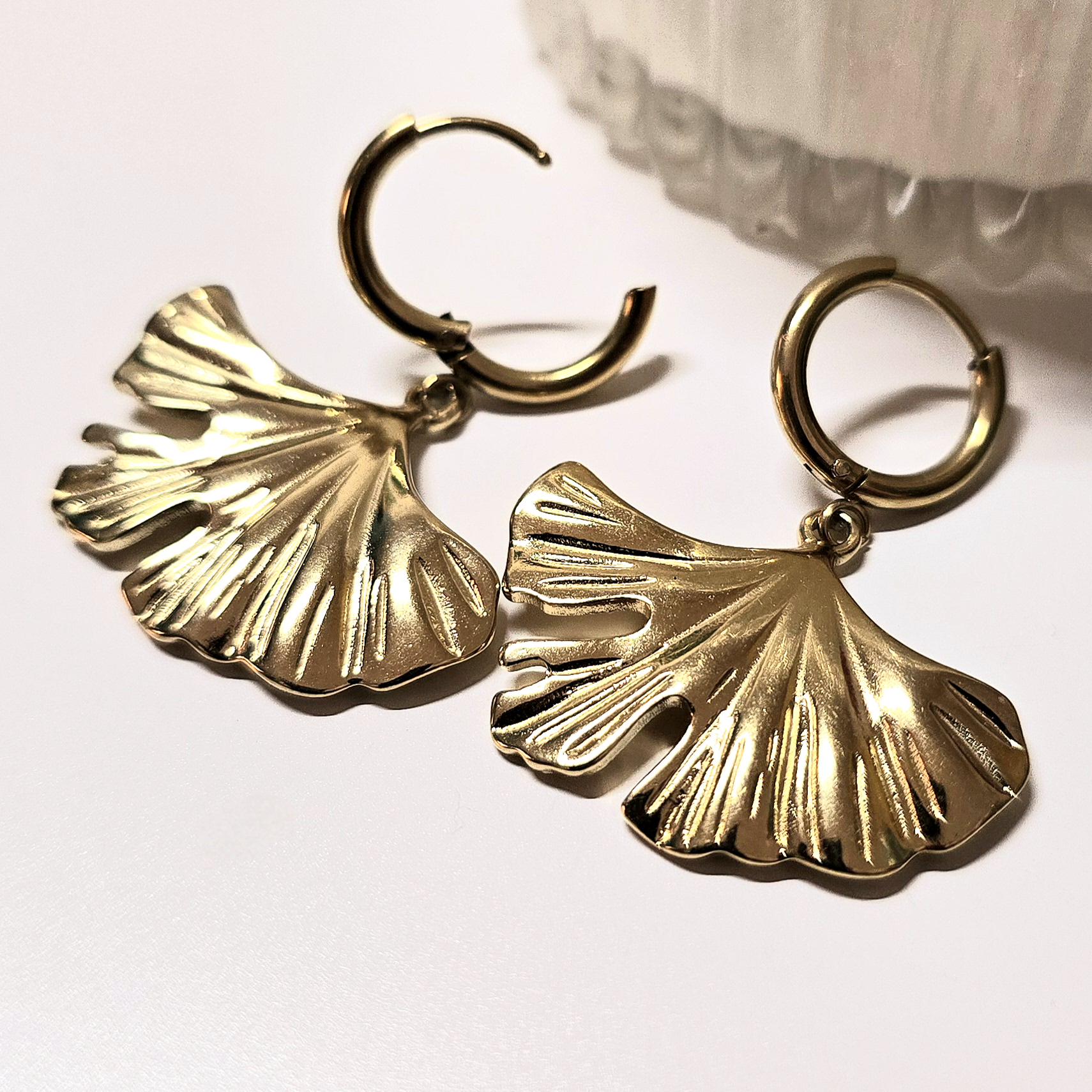 Ginkgo Leaf Gold Earrings • Stainless Steel Hoops • Waterproof & Tarnish-Free • Flower Dangle Earrings • Plant Lover Gift for Her
