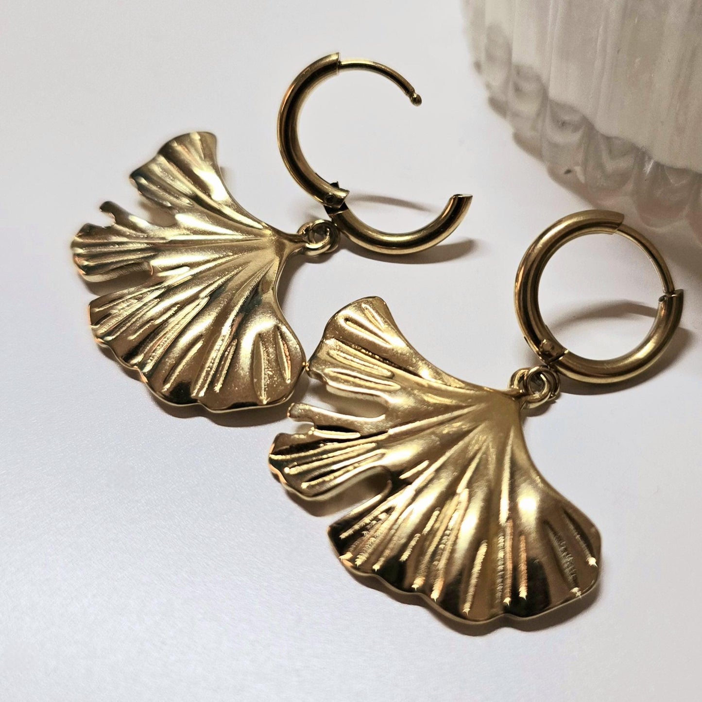 Ginkgo Leaf Gold Earrings • Stainless Steel Hoops • Waterproof & Tarnish-Free • Flower Dangle Earrings • Plant Lover Gift for Her