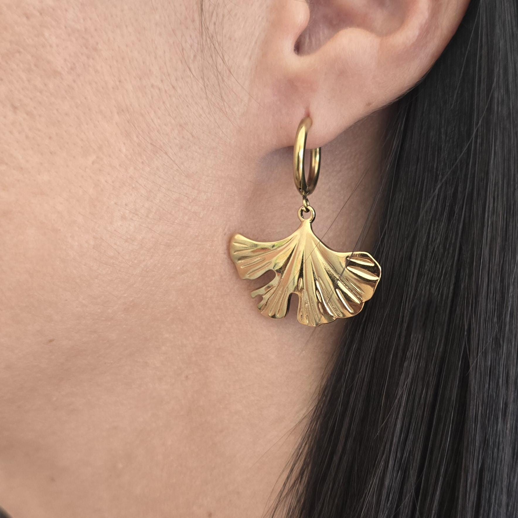Ginkgo Leaf Gold Earrings • Stainless Steel Hoops • Waterproof & Tarnish-Free • Flower Dangle Earrings • Plant Lover Gift for Her
