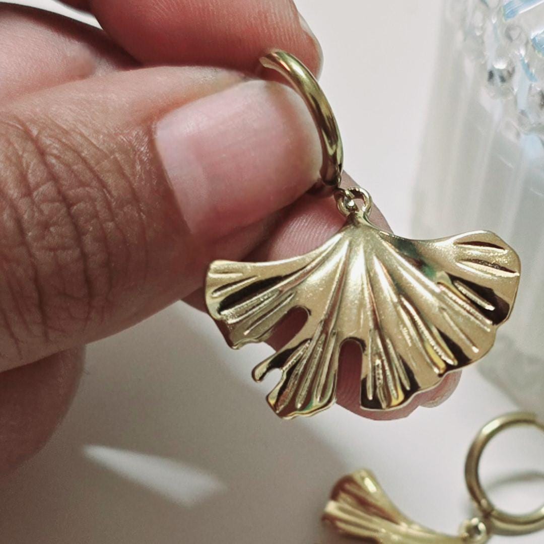 Ginkgo Leaf Gold Earrings • Stainless Steel Hoops • Waterproof & Tarnish-Free • Flower Dangle Earrings • Plant Lover Gift for Her