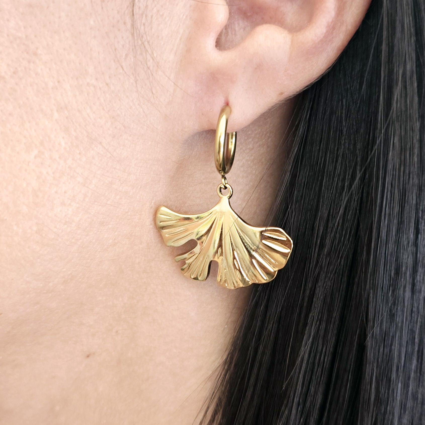 Ginkgo Leaf Gold Earrings • Stainless Steel Hoops • Waterproof & Tarnish-Free • Flower Dangle Earrings • Plant Lover Gift for Her