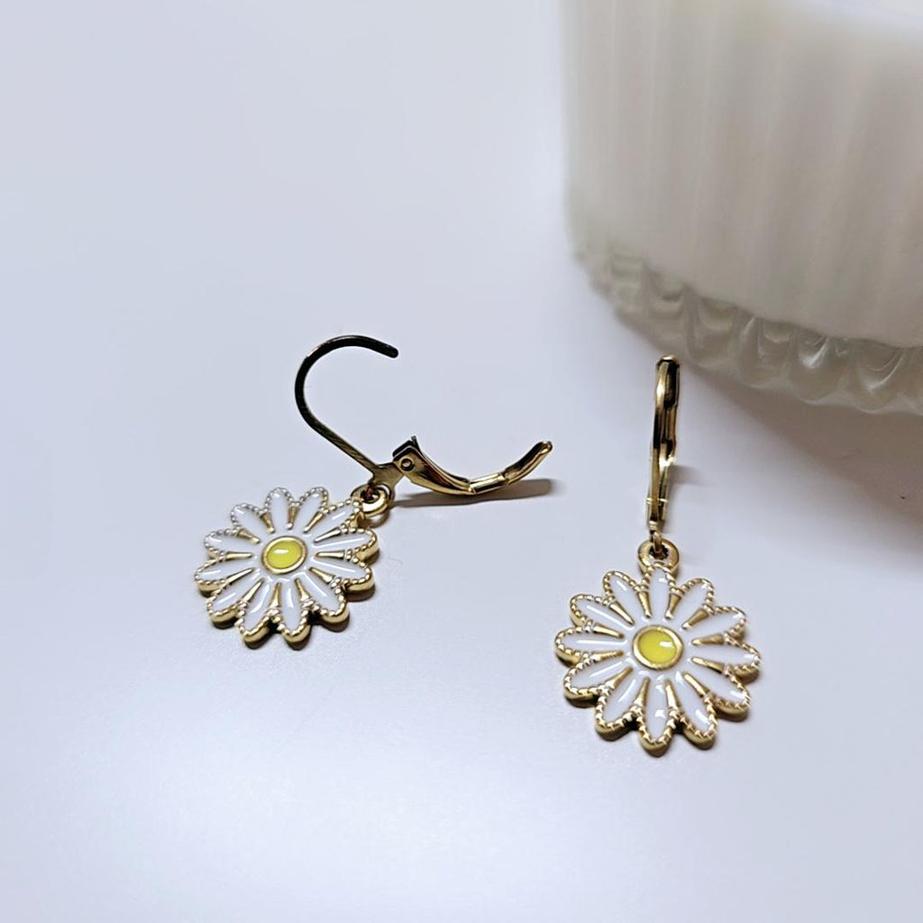 Stainless steel Daisy earrings gold filled enamel hand painted , Floral earrings gift for her , Flower girl earrings