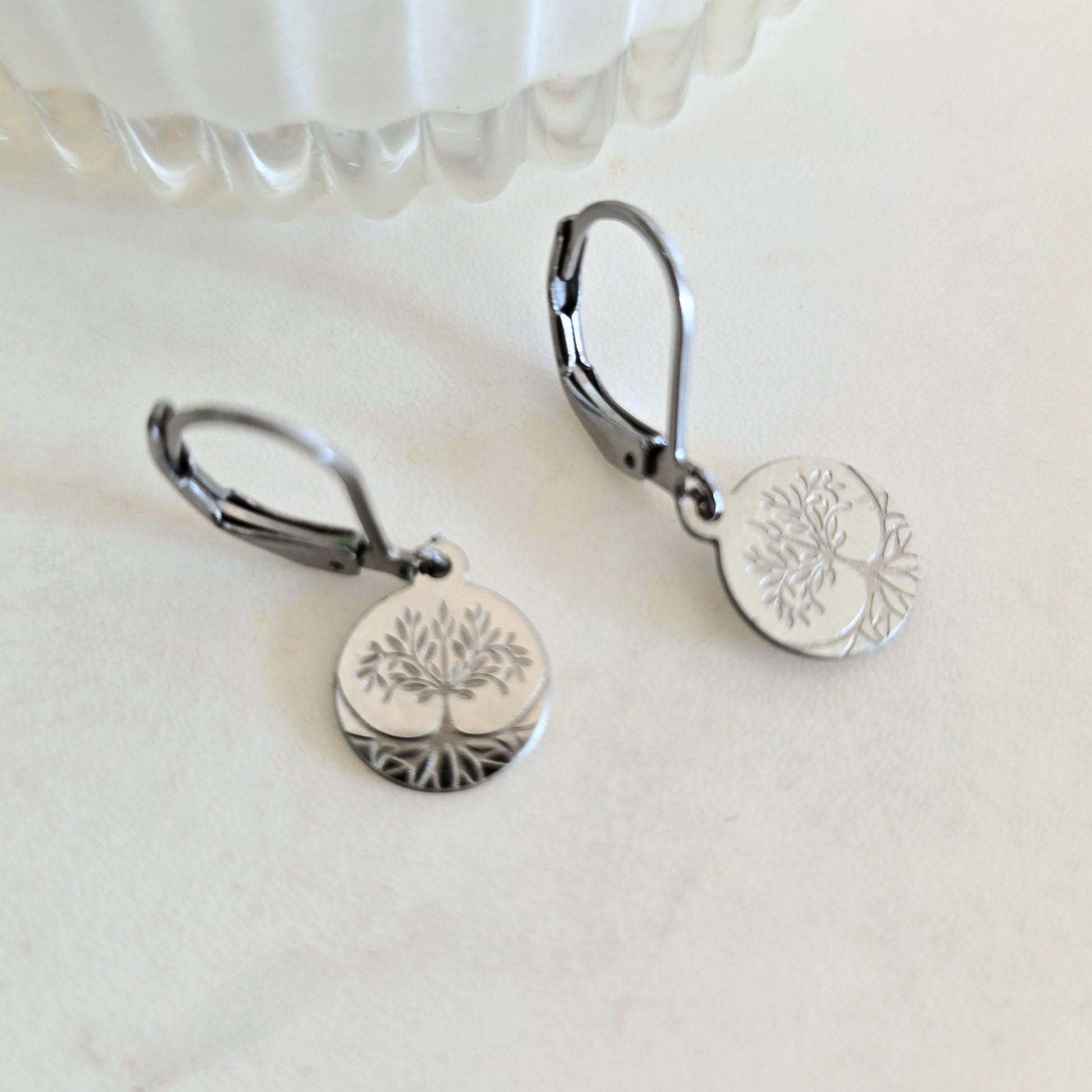 Tree of Life Tiny Hoop Earrings Silver Stainless Steel, Lightweight, Hypoallergenic, Boho Jewelry Gift for her