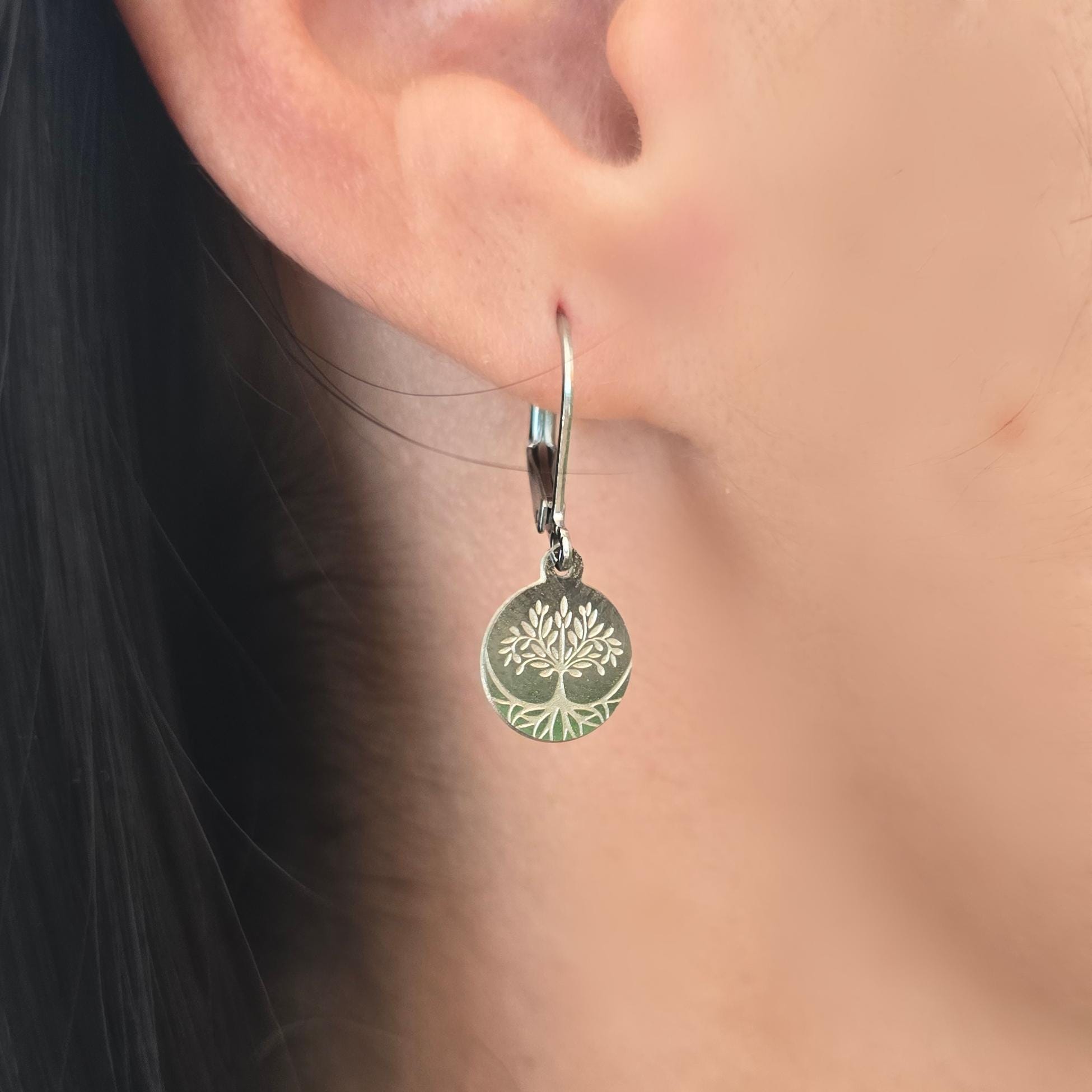 Tree of Life Tiny Hoop Earrings Silver Stainless Steel, Lightweight, Hypoallergenic, Boho Jewelry Gift for her