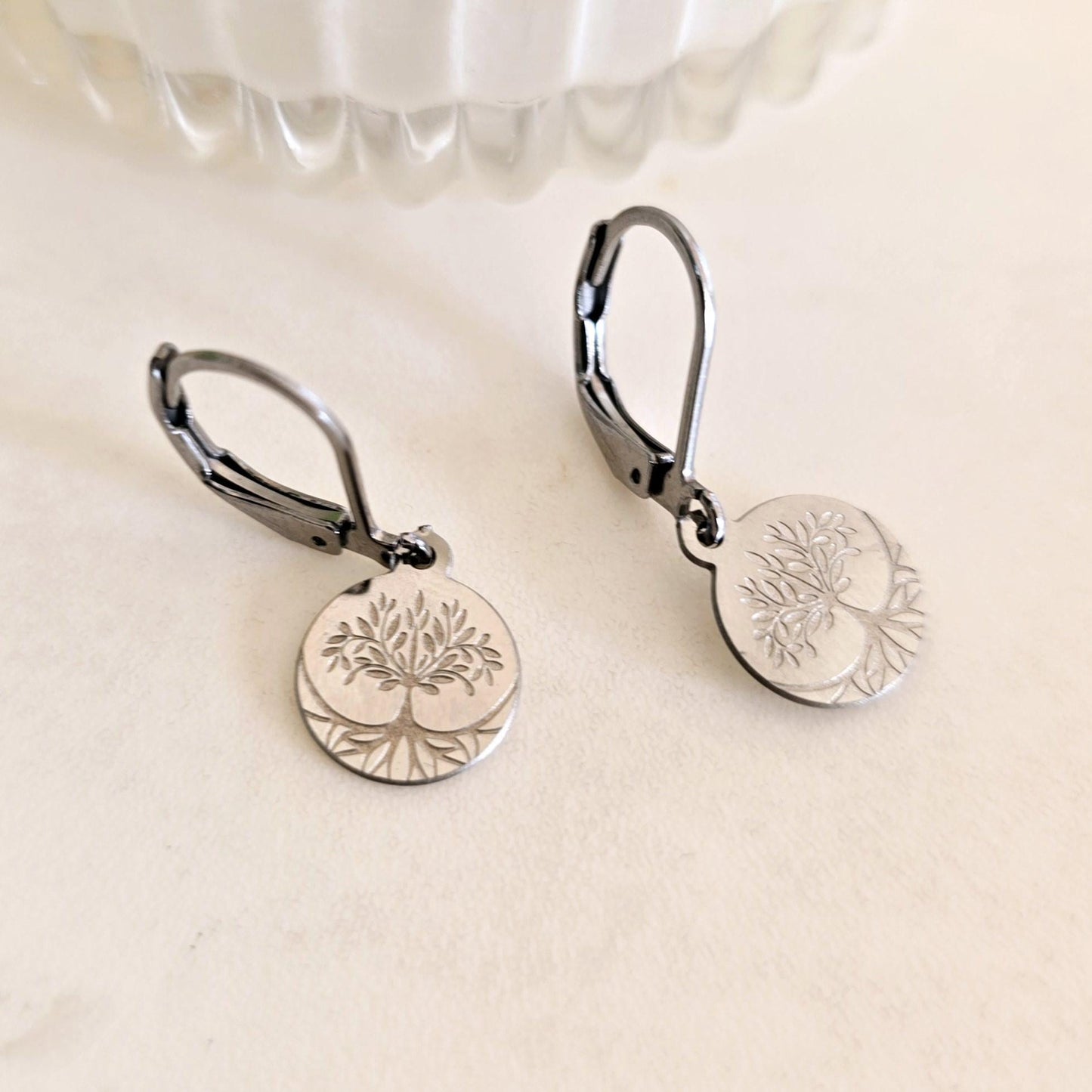 Tree of Life Tiny Hoop Earrings Silver Stainless Steel, Lightweight, Hypoallergenic, Boho Jewelry Gift for her
