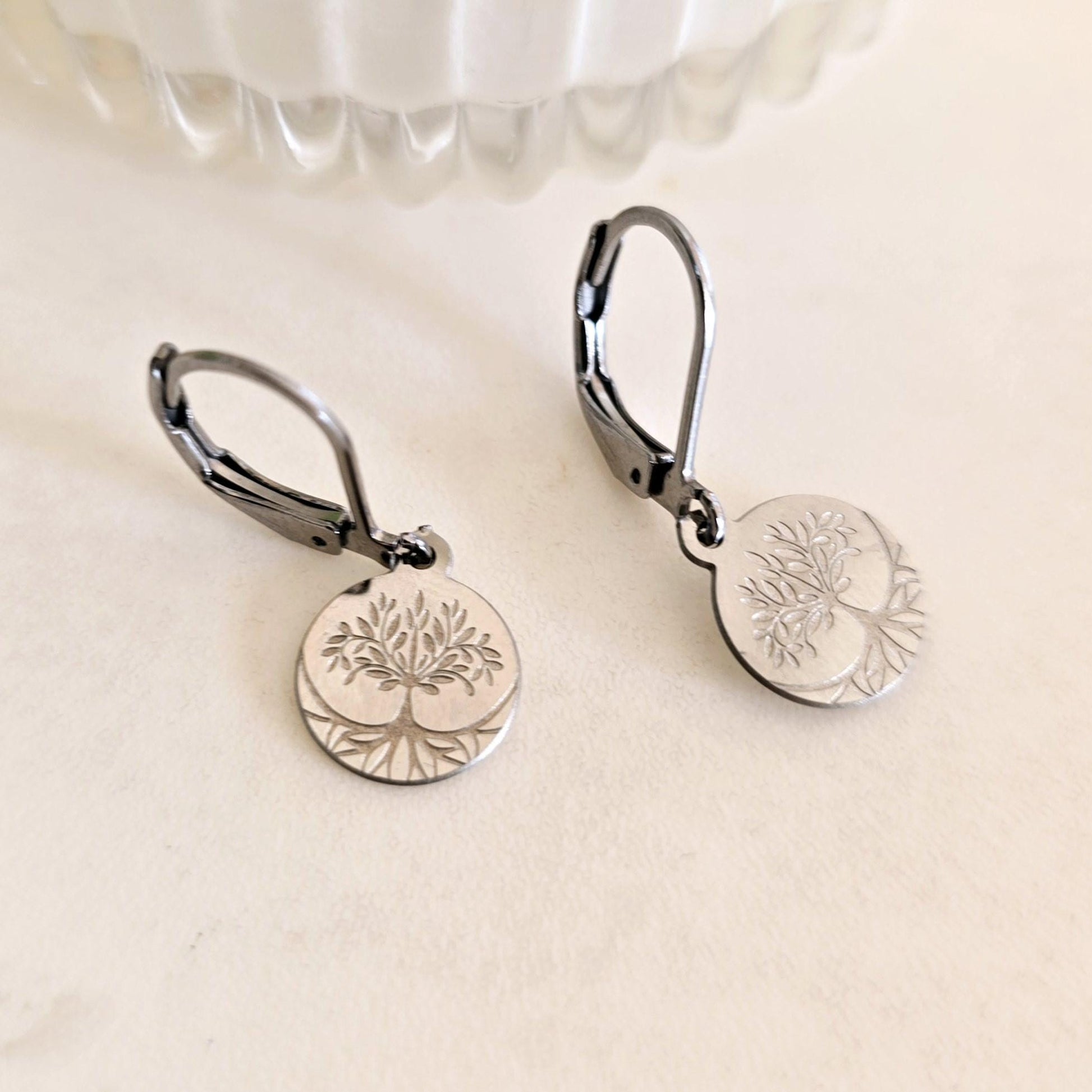 Tree of Life Tiny Hoop Earrings Silver Stainless Steel, Lightweight, Hypoallergenic, Boho Jewelry Gift for her