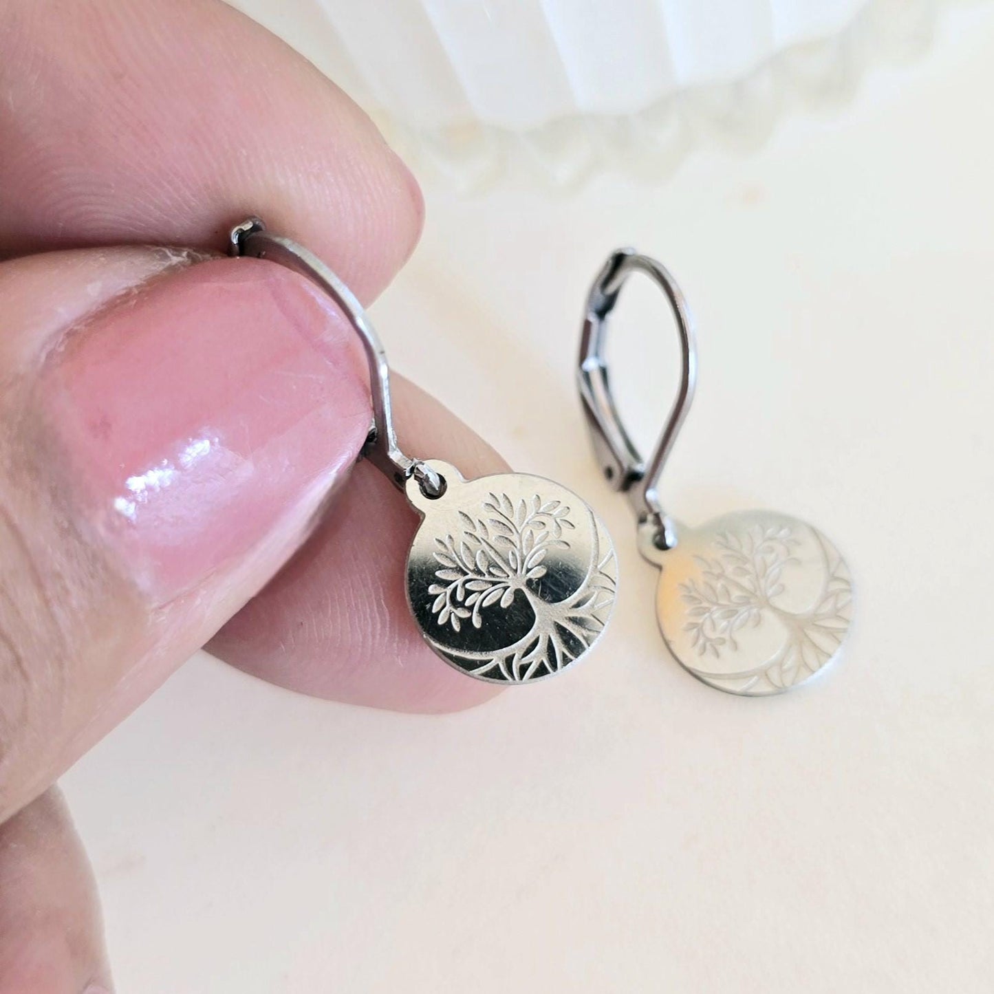 Tree of Life Tiny Hoop Earrings Silver Stainless Steel, Lightweight, Hypoallergenic, Boho Jewelry Gift for her