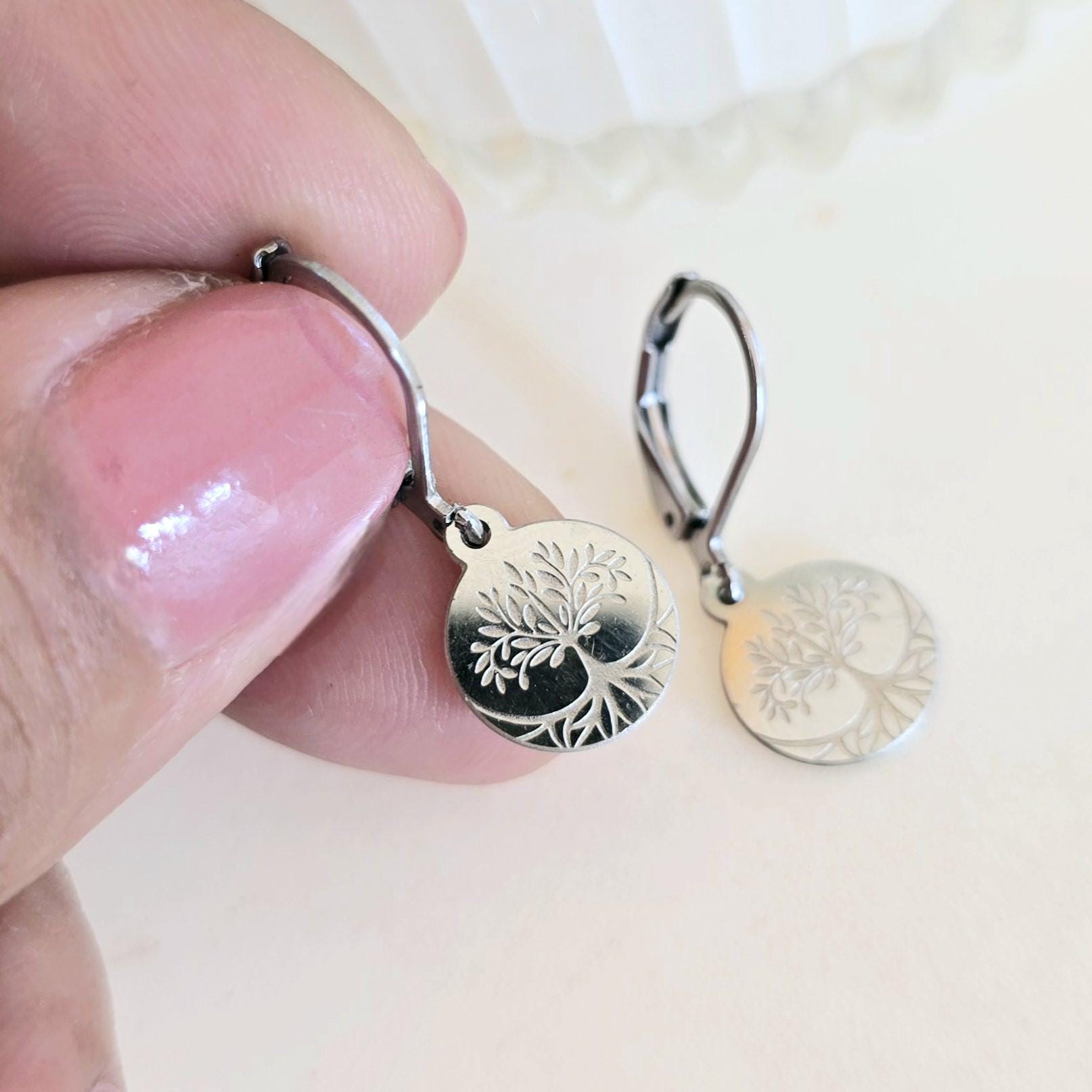 Tree of Life Tiny Hoop Earrings Silver Stainless Steel, Lightweight, Hypoallergenic, Boho Jewelry Gift for her