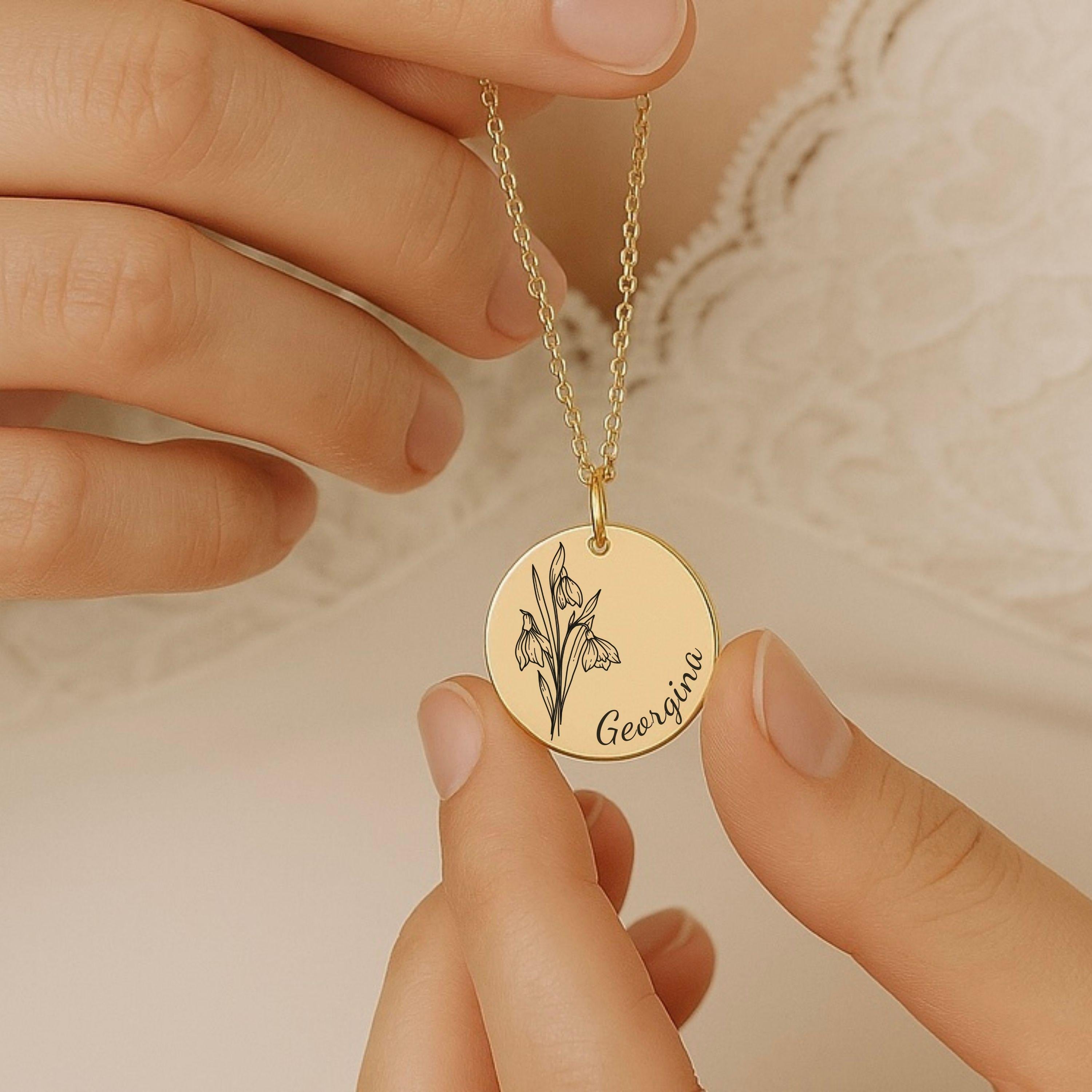 Personalized Birth Flower Name Necklace – Custom Gold Floral Charm – Bridesmaid, Godmother, Daughter, Mother’s Day Gift