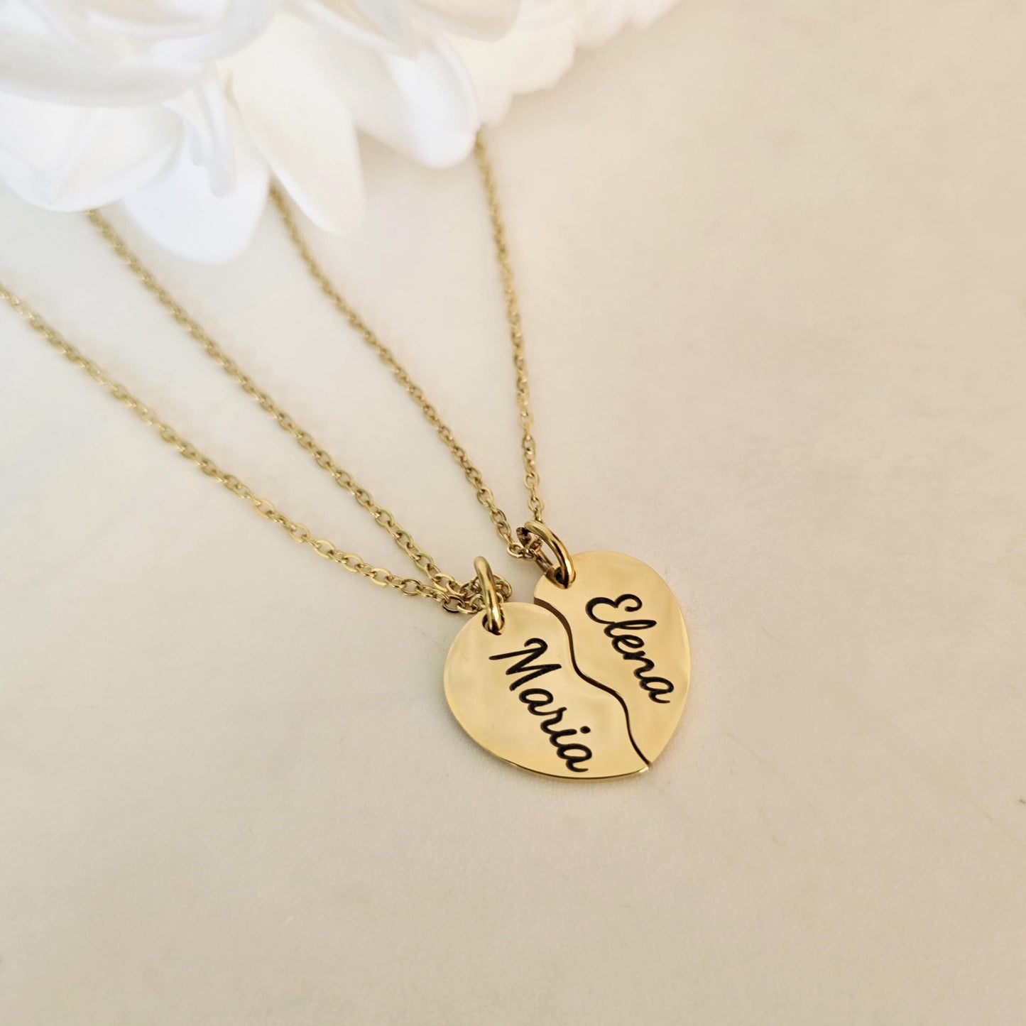 Personalized Split Heart Necklace for 2 –Custom Best Friend Jewelry Gift Stainless Steel in Gold & Silver – Engraved Name BFF Necklace Set