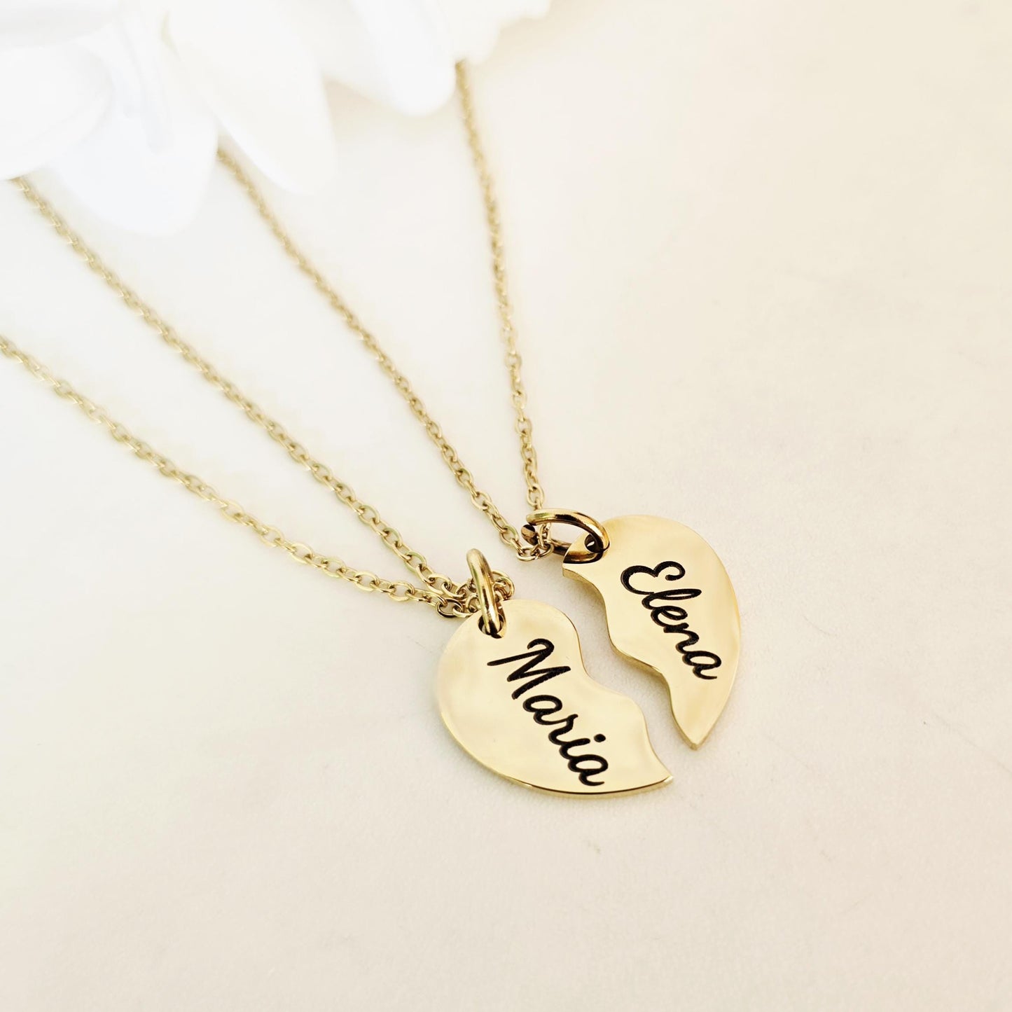 Personalized Split Heart Necklace for 2 –Custom Best Friend Jewelry Gift Stainless Steel in Gold & Silver – Engraved Name BFF Necklace Set