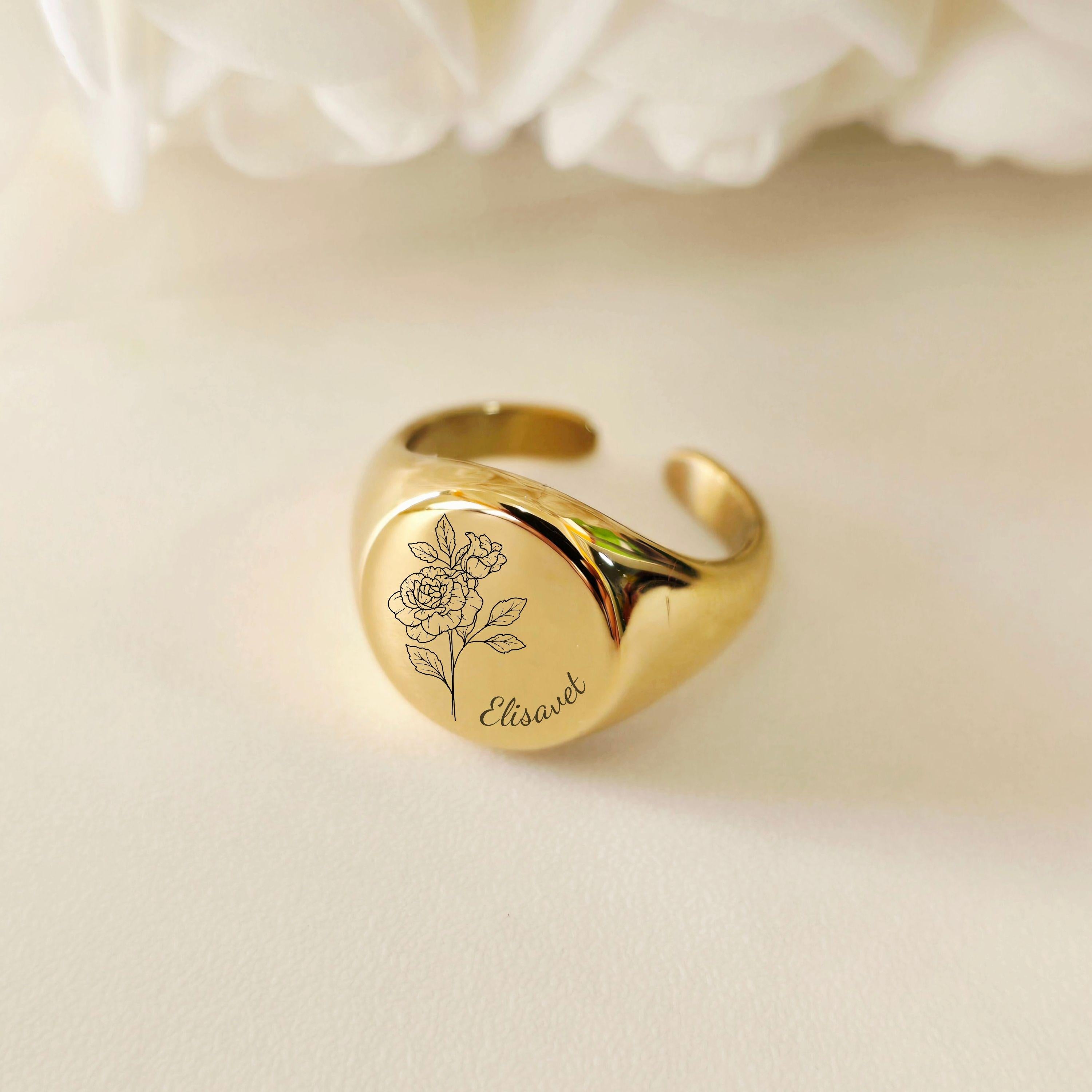 Birthflower Ring – Adjustable Gold Signet Ring in Stainless Steel – Personalized Floral Jewelry Gift for Her, Custom Engraved Ring