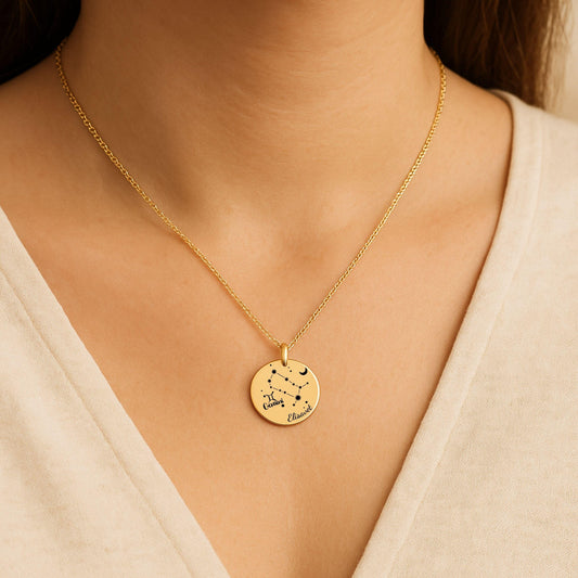 Personalized zodiac Necklace • Zodiac Coin Necklace with Name • Custom Star Sign Jewelry Gift • Astrology Birthday Necklace for Her