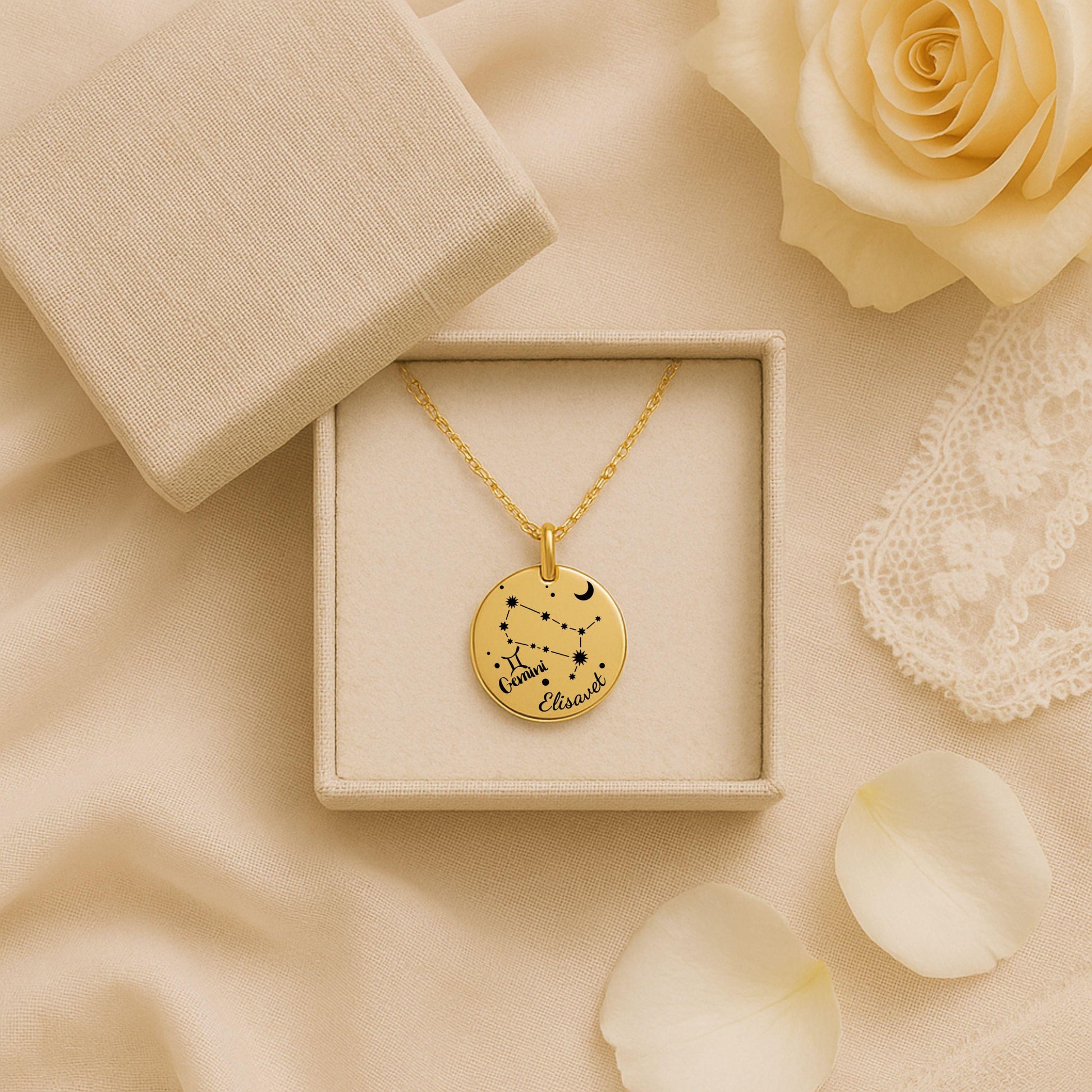 Personalized zodiac Necklace • Zodiac Coin Necklace with Name • Custom Star Sign Jewelry Gift • Astrology Birthday Necklace for Her