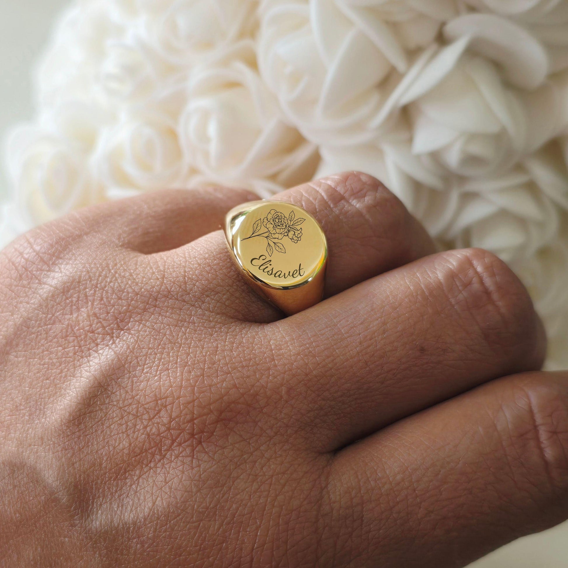 Birthflower Ring – Adjustable Gold Signet Ring in Stainless Steel – Personalized Floral Jewelry Gift for Her, Custom Engraved Ring