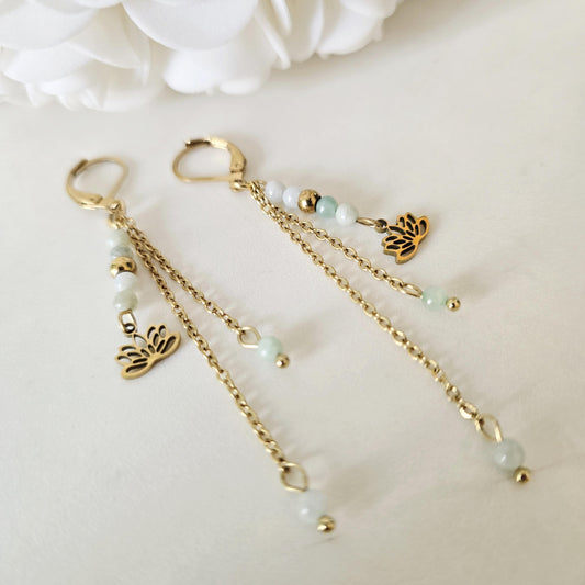 Jade Earrings – Dainty Green Gemstone Drop Earrings , Boho Chain lotus Charm chain Earrings , Minimalist Gift for Her or Mom