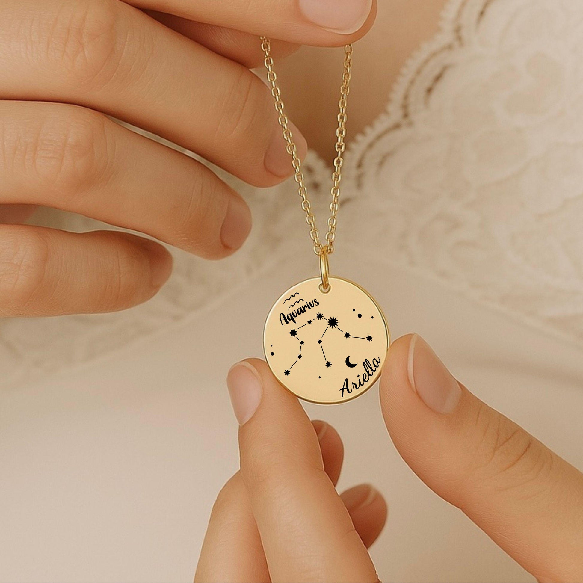 Personalized zodiac Necklace • Zodiac Coin Necklace with Name • Custom Star Sign Jewelry Gift • Astrology Birthday Necklace for Her