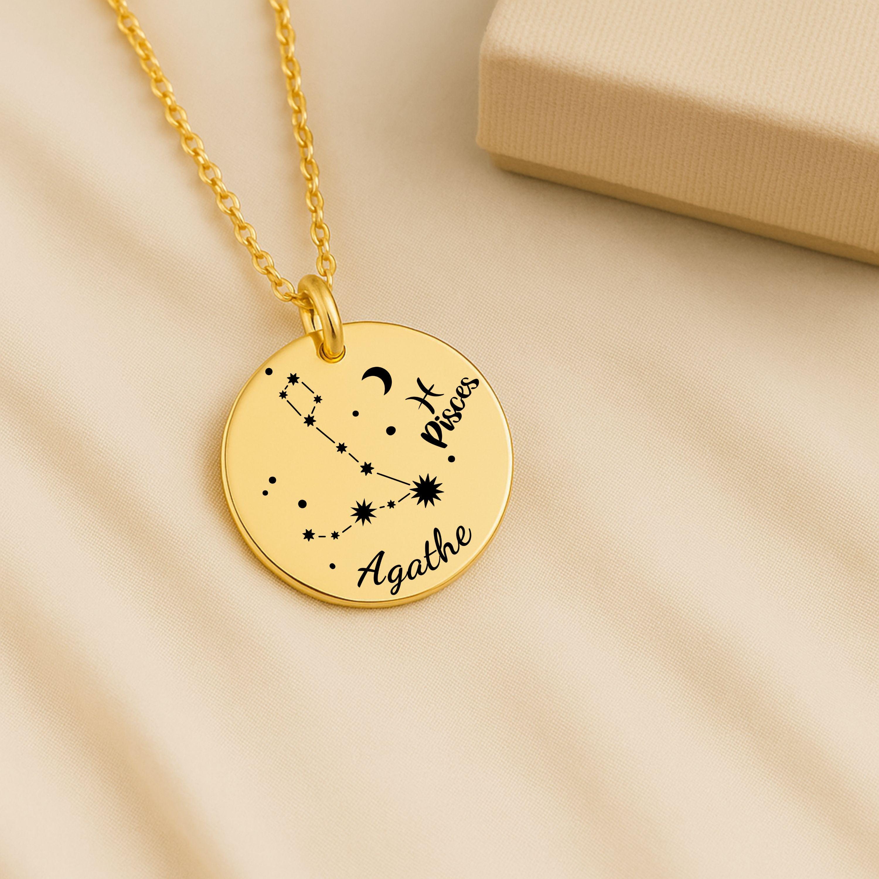 Personalized zodiac Necklace • Zodiac Coin Necklace with Name • Custom Star Sign Jewelry Gift • Astrology Birthday Necklace for Her