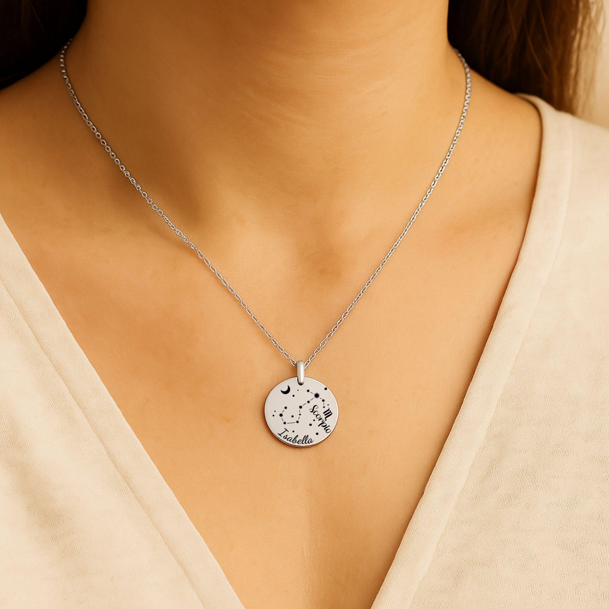 Personalized zodiac Necklace • Zodiac Coin Necklace with Name • Custom Star Sign Jewelry Gift • Astrology Birthday Necklace for Her