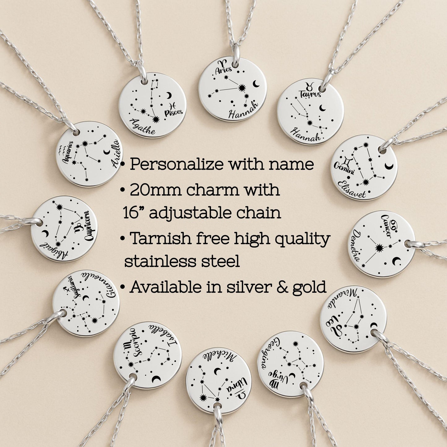 Personalized zodiac Necklace • Zodiac Coin Necklace with Name • Custom Star Sign Jewelry Gift • Astrology Birthday Necklace for Her
