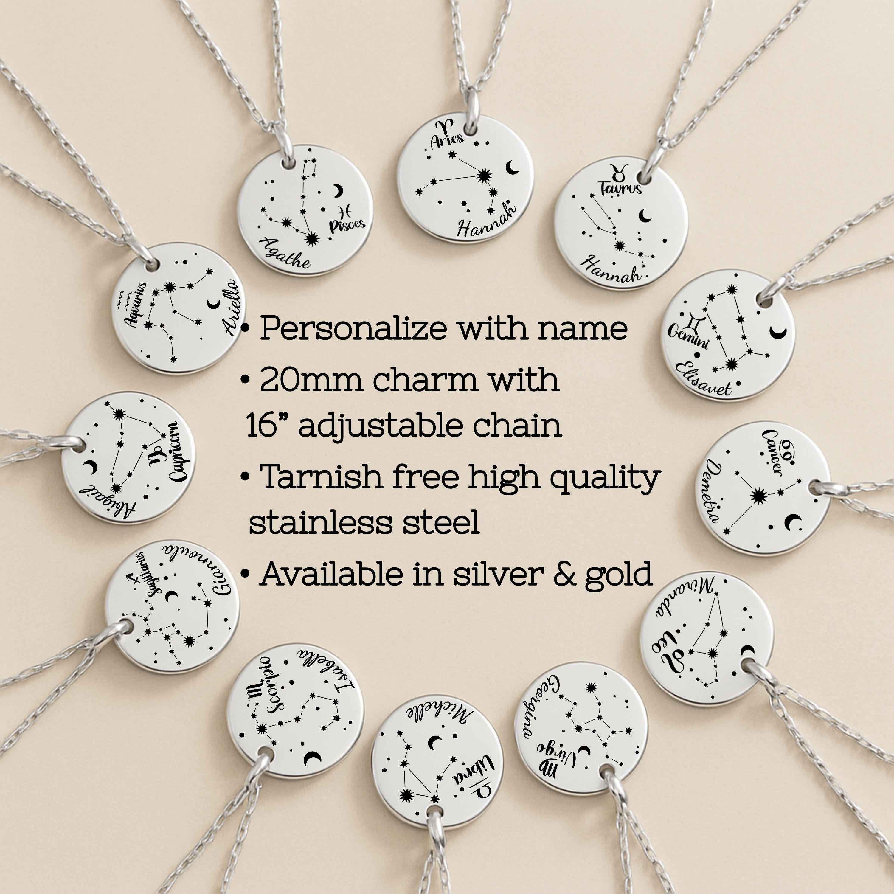 Personalized zodiac Necklace • Zodiac Coin Necklace with Name • Custom Star Sign Jewelry Gift • Astrology Birthday Necklace for Her