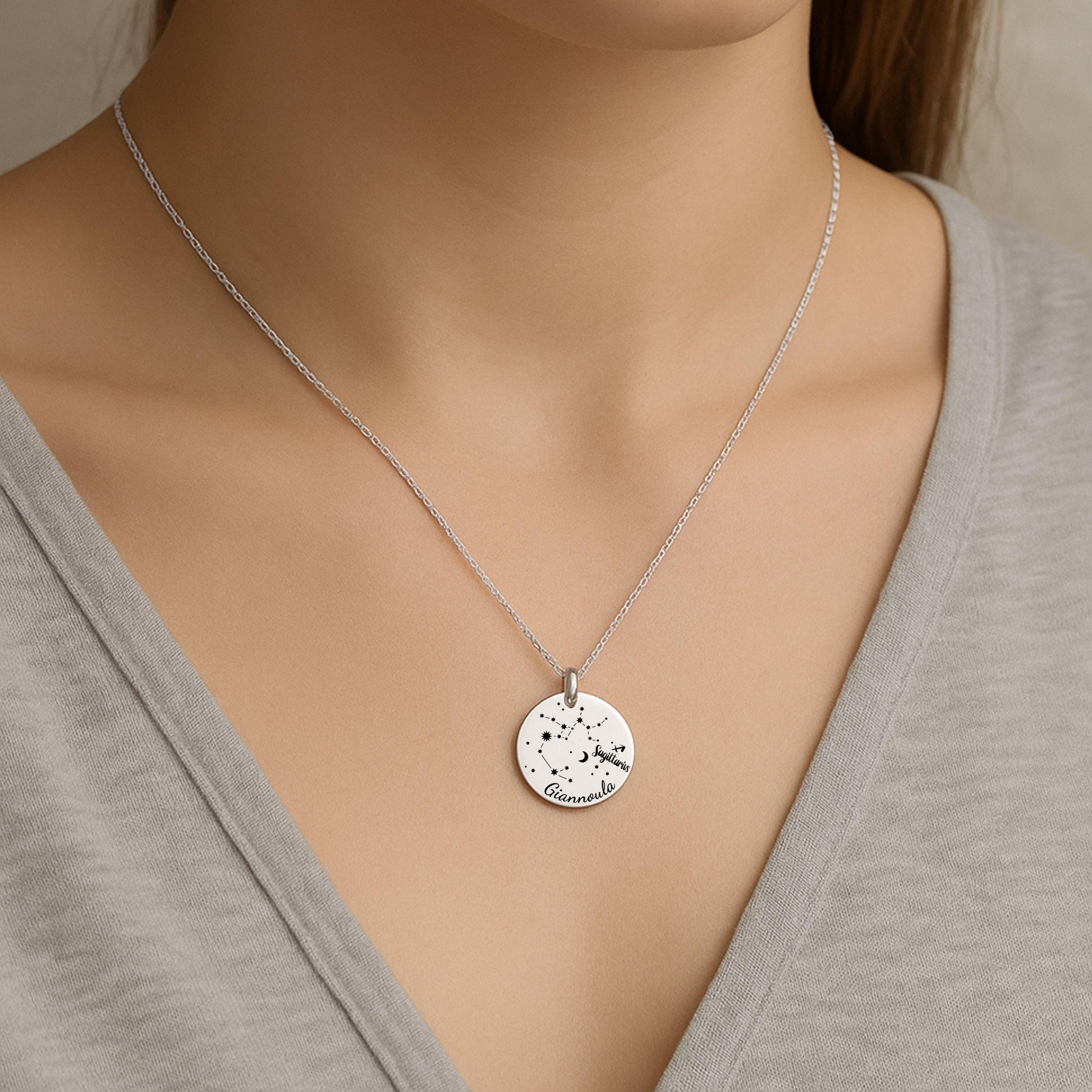 Personalized zodiac Necklace • Zodiac Coin Necklace with Name • Custom Star Sign Jewelry Gift • Astrology Birthday Necklace for Her