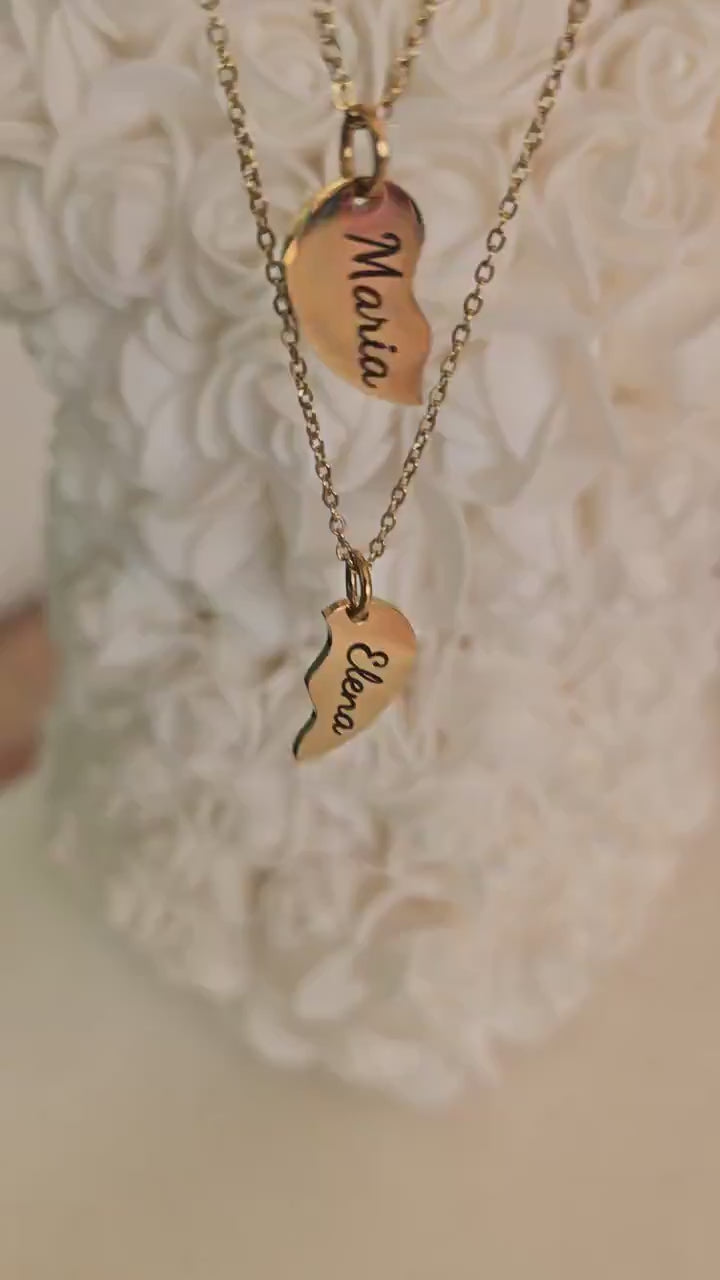 Personalized Split Heart Necklace for 2 –Custom Best Friend Jewelry Gift Stainless Steel in Gold & Silver – Engraved Name BFF Necklace Set